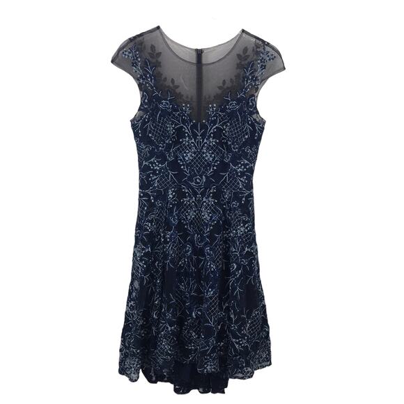 Marchesa Notte Navy Illusion Dress 6  High Low Embroidered Crew Neck Cap Sleeve - Picture 1 of 10